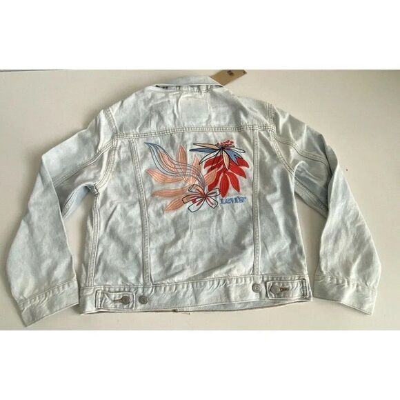 Levi’s Women’s 29944153 Embroidered Ex Boyfriend Jean Denim Trucker Jacket Sz S - Picture 2 of 11